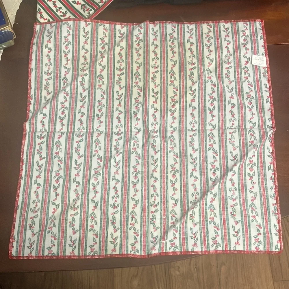 Set of 2 Vintage 1992 Lillian Vernon Christmas Striped Holly Napkins / Linens